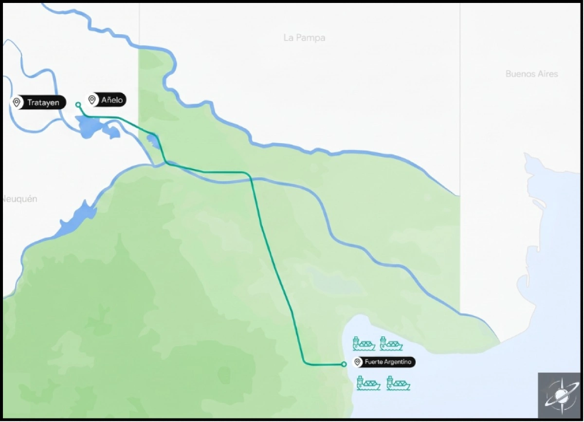 Mapa esquemático del gasoducto San Matías, que conectará Vaca Muerta con el Golfo San Matías para abastecer las unidades flotantes de licuefacción de Southern Energy.