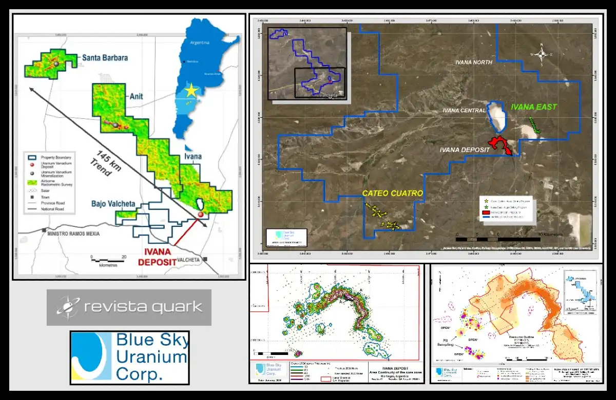 El proyecto Amarillo Grande se extiende sobre una franja geológica de unos 145 kilómetros en Río Negro. El mapa muestra el depósito Ivana, distintos objetivos exploratorios (Fuente: Blue Sky Uranium)